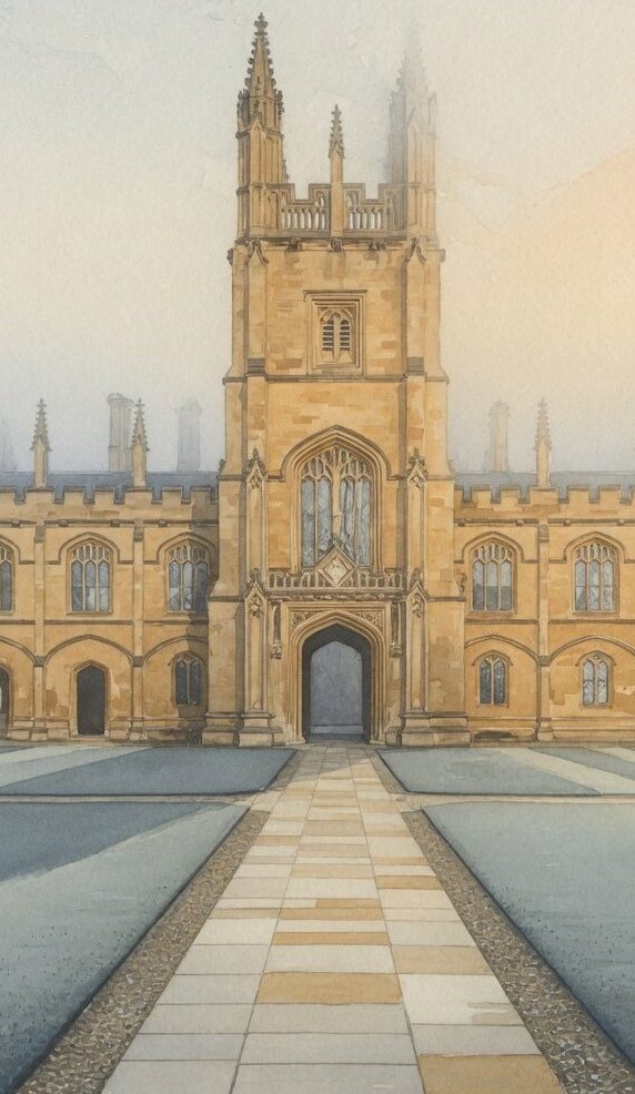 Watercolour: an Oxford quad with its gatehouse tower in morning haze