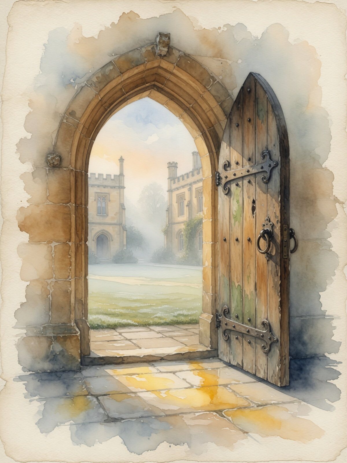 Watercolour: an ajar oak door in a stone arch, a sunlit college quad beyond
