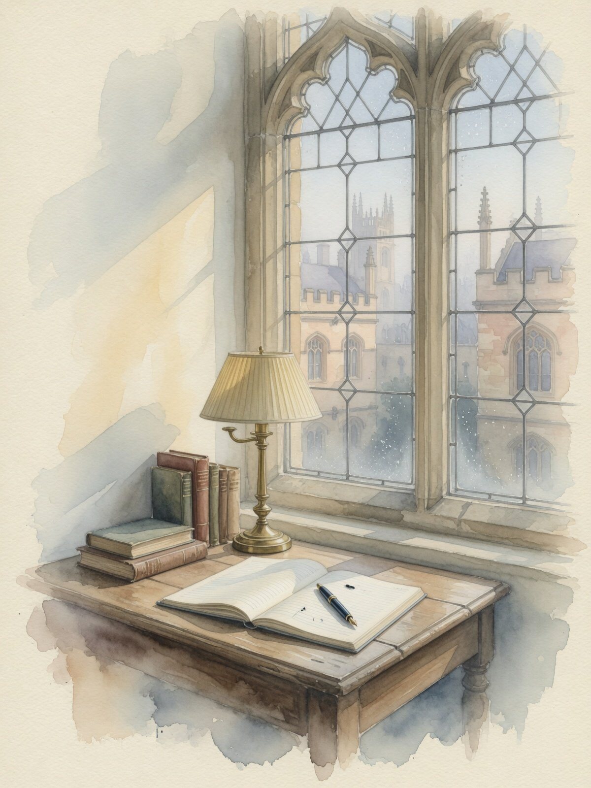 Watercolour: a writing desk by a tall college window — an open notebook, a fountain pen, a lamp