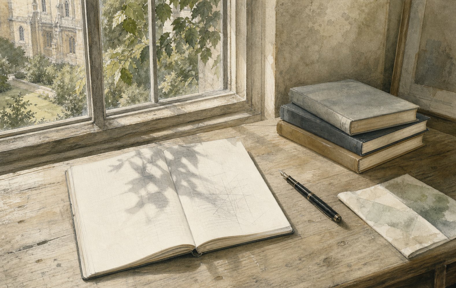 Watercolour still life with an open notebook, books and soft light by a window