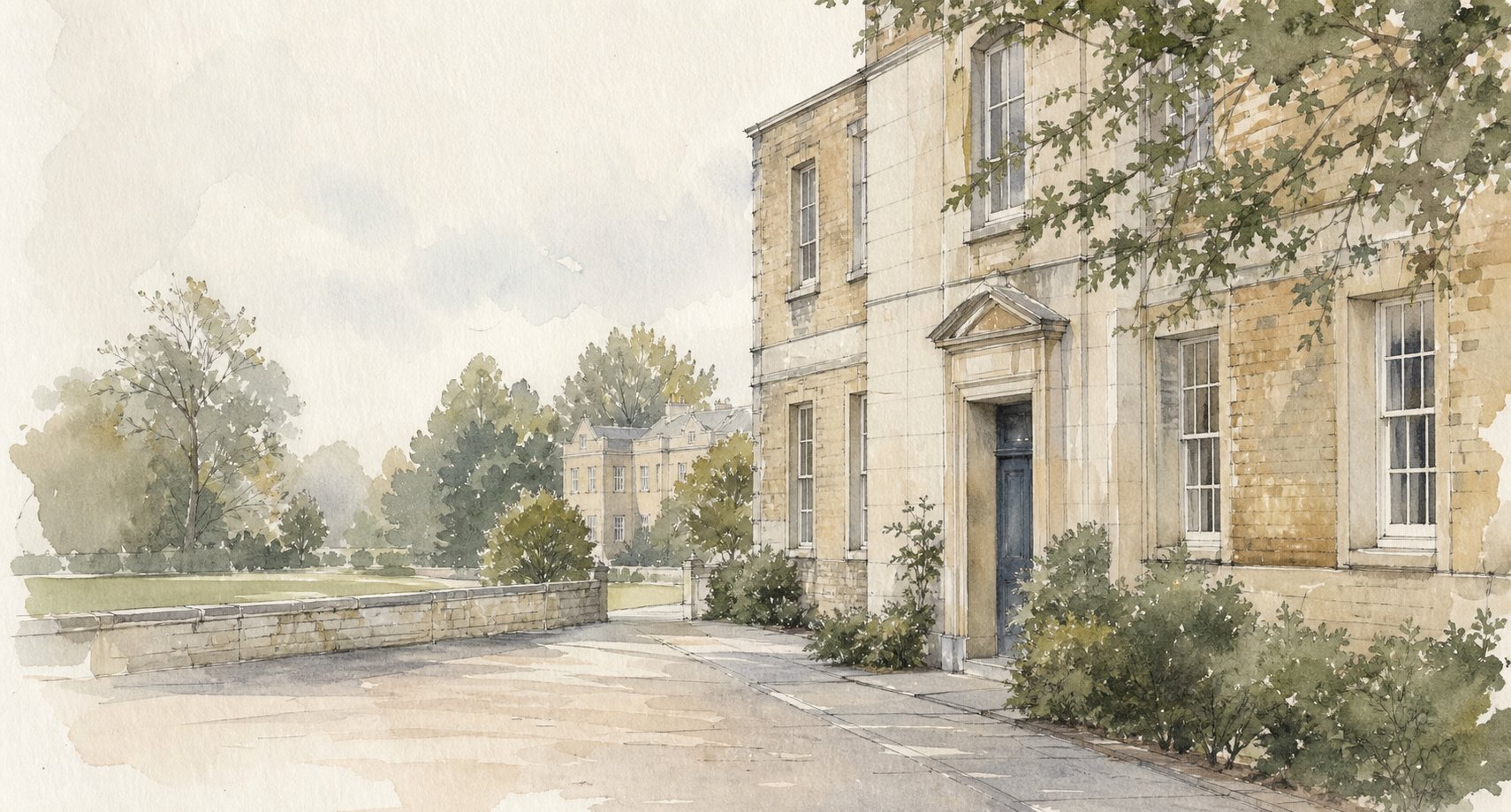 Watercolour of a light English school facade among trees