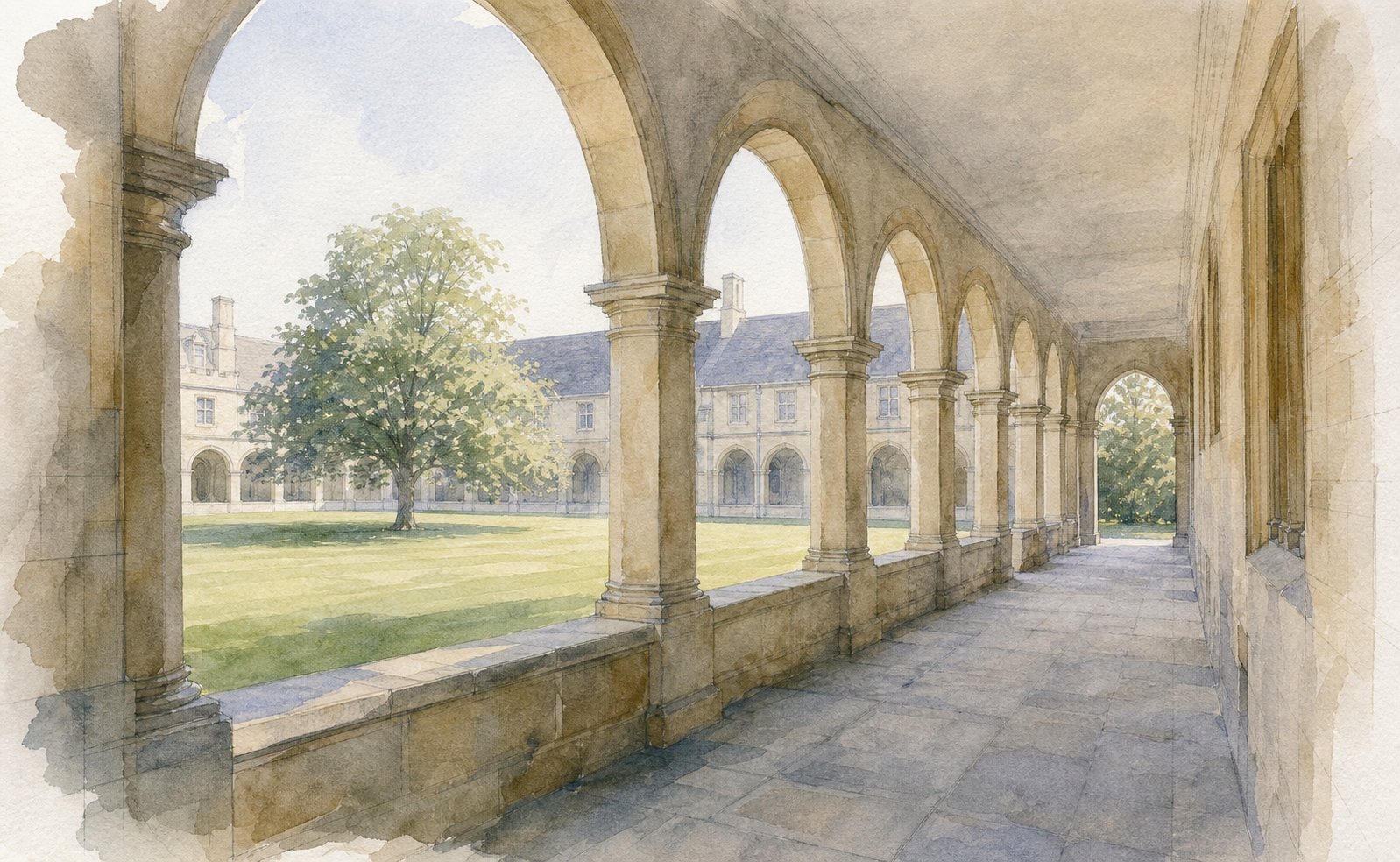 Watercolour gallery of an Oxford college looking onto a lit garden