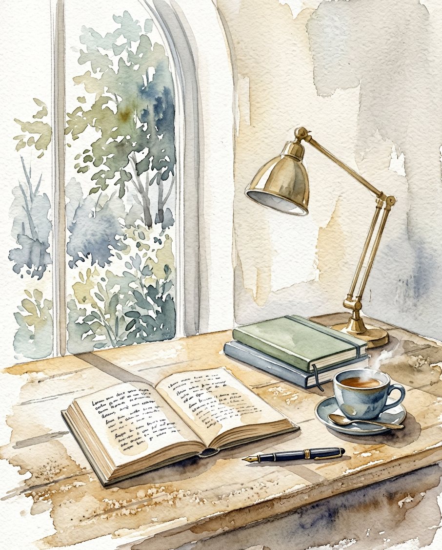 Watercolour of a desk set for study in early light